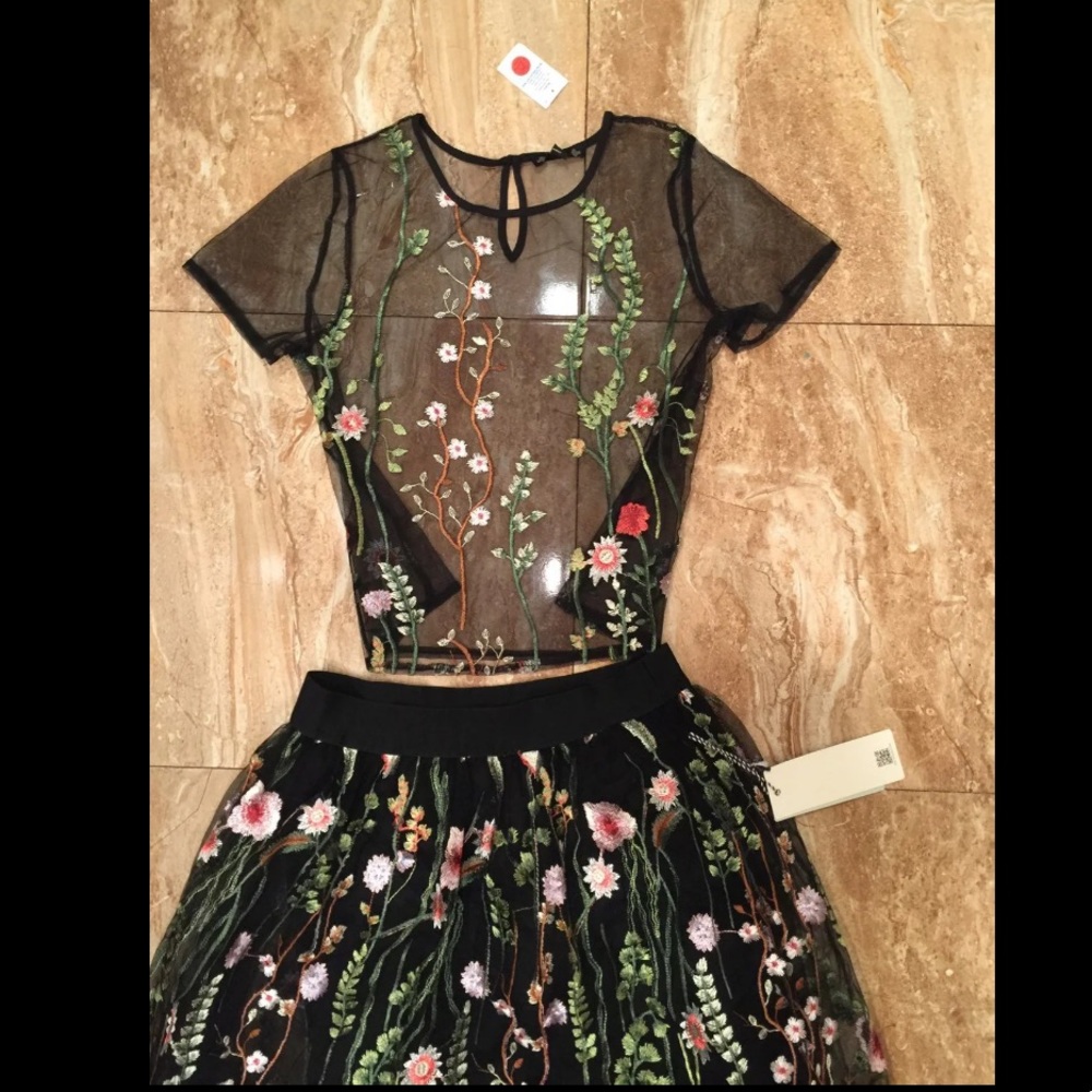 Top and skirt set embroidered floral
